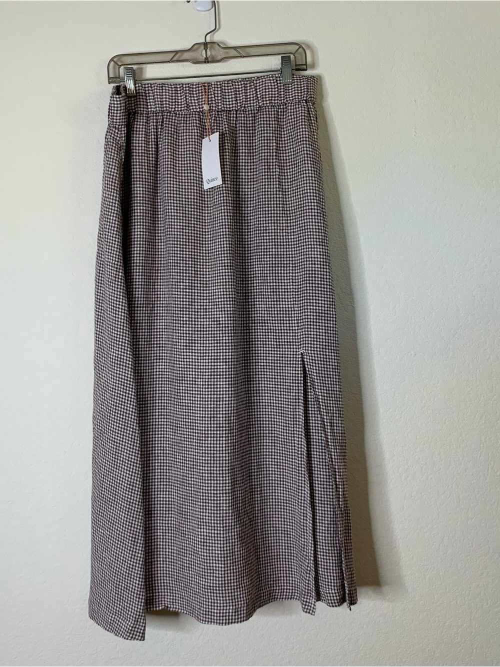 Quince linen maxi skirt taupe brown gingham XL NWT
